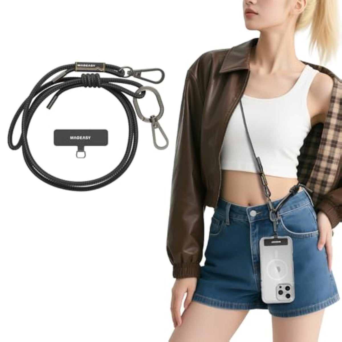 Crossbody Cell Phone Lanyard - Premium Rope Cell Phone Lanyard | 6Mm Thick Universal Adjustable Phone Strap For Iphone, Samsung & More | For Traveling, Hiking, Daily Use - Black
