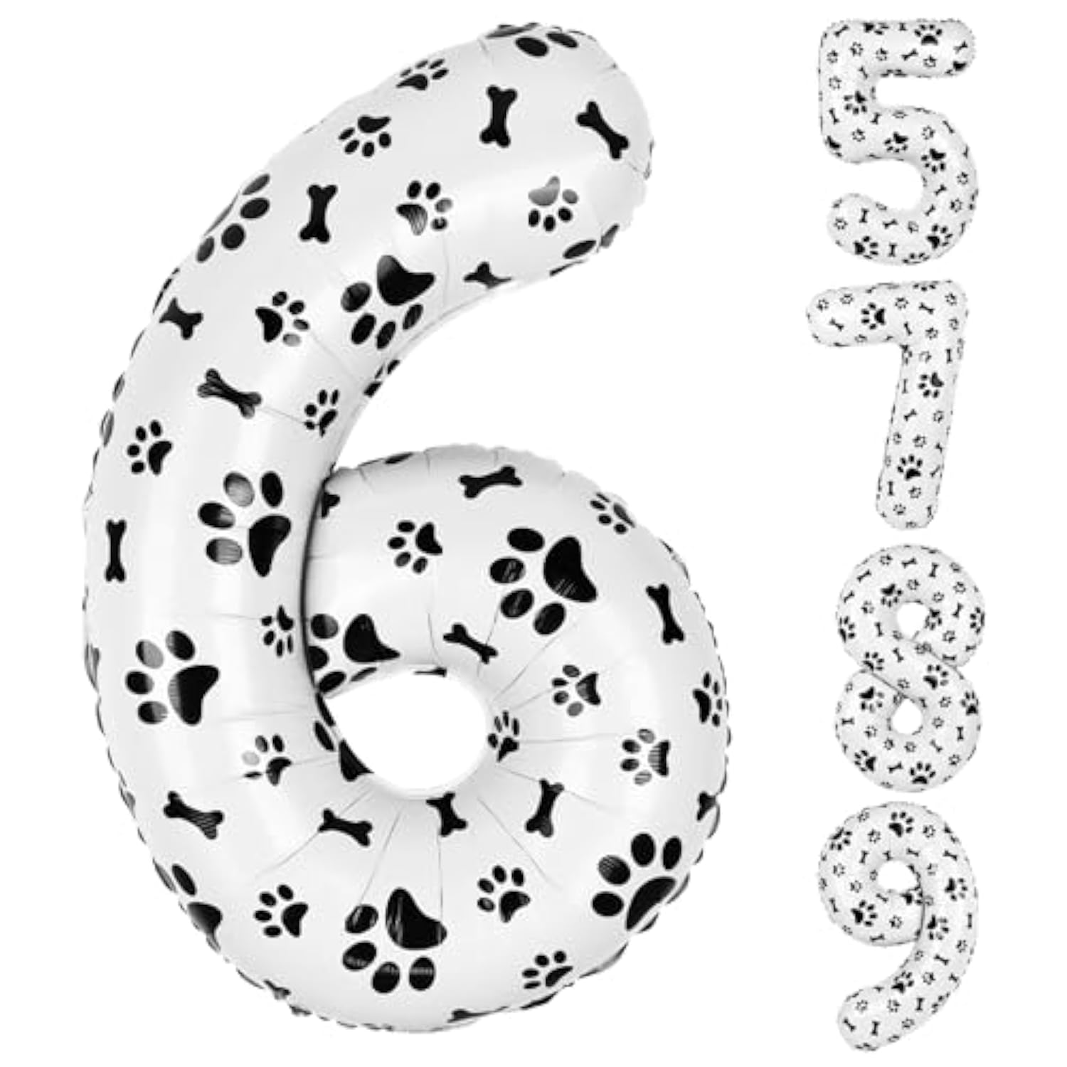 40 Inch Dog Foil Birthday Balloons,Black White Dog Paw And Bone Print Number 6 Balloons For Girls Boys 6Th Birthday Party Decorations (Number 6
