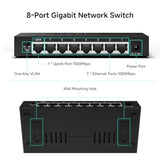 8 Port Gigabit Ethernet Switch, Desktop Ethernet Splitter, One-Key Vlan, Independent Uplink Port, Plastic Case, Unmanaged Network Switch, Plug & Play, Fanless Quiet (Txe210)