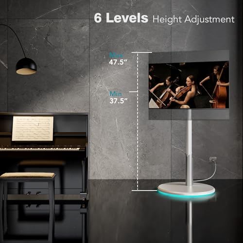 Floor Mobile TV Stand with Power Outlet, Rolling TV Cart for 27-65 Inch OLED LED Monitors, 6 Levels of Height Adjustment, Ambient Lighting on The