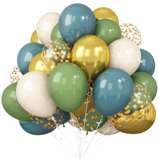 Green Blue Balloons Sage Beige Gold Balloons Jungle Woodland Party Decorations Dusty Blue Green White Balloon 60Pcs 12Inch Latex Balloons Gold Confetti Helium Safari Wild One Dino Birthday Diy