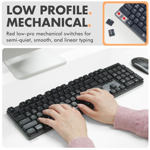 Low Profile Mechanical Keyboard Wireless (Wired + Bt + 2.4Ghz) - Triple Mode Connectivity, Red Switches, Backlit, 107-Key - Slim Bluetooth Mechanical Keyboard For Mac And Pc
