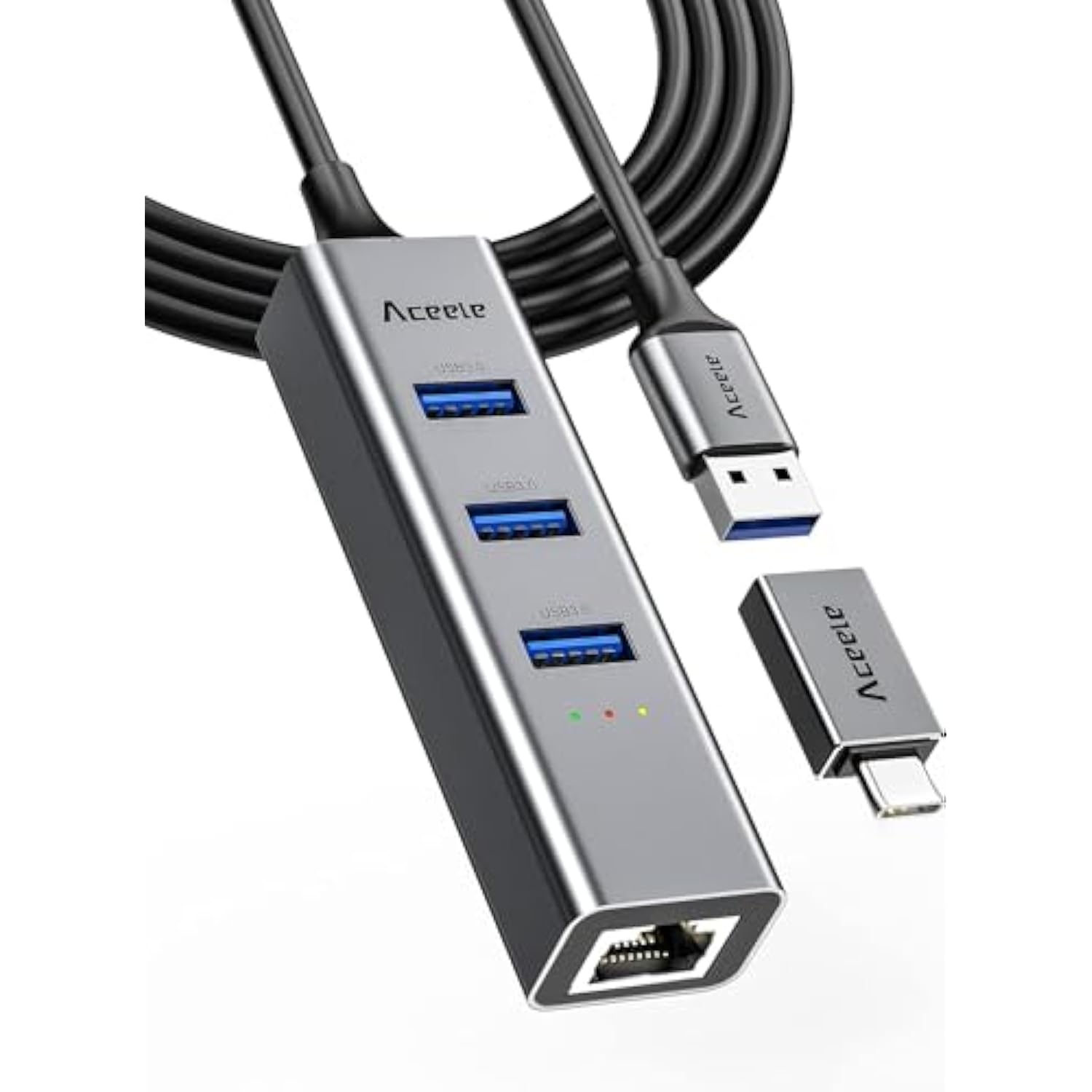 Usb And Usb C To Ethernet Adapter, 3.3Ft Long Cord,Aluminum 3 Ports Usb 3.0 Hu
