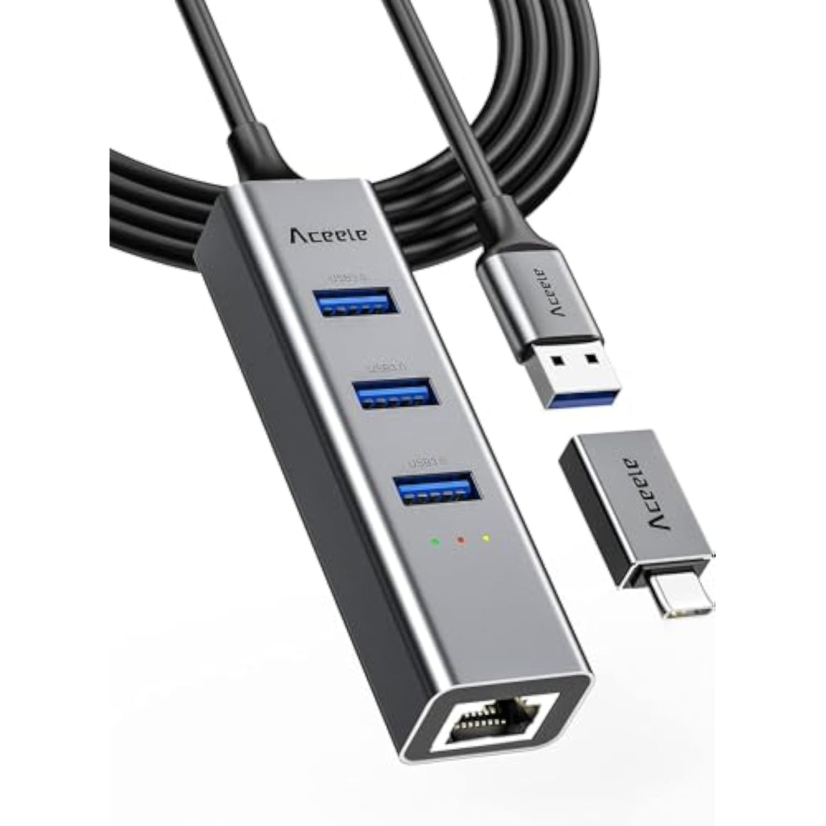 Usb And Usb C To Ethernet Adapter, 3.3Ft Long Cord,Aluminum 3 Ports Usb 3.0 Hu