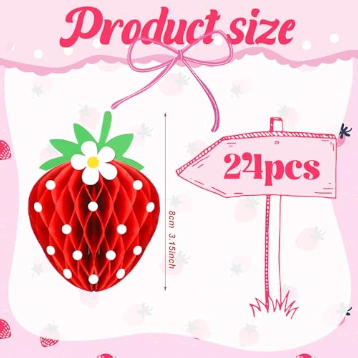 24 Pcs Strawberry Party Decorations Strawberry Honeycomb Balls Birthday Favors Berry First Theme Table Centerpieces Tissue Paper Honeycomb Tabletop Hanging Decor Party Supplies(Red)