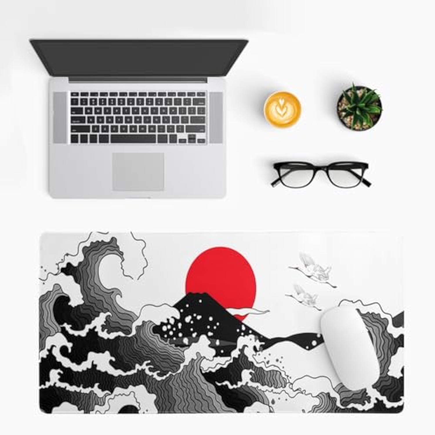 Japanese Red And Black Wave Gaming Mouse Pad Extended Large Mouse Mat Desk Pad Sea Texture Non-Slip Rubber Base Wave Mousepad Stitched Edges Keyboard Desk Pad For Office Home Game 27.6X11.8 Inch