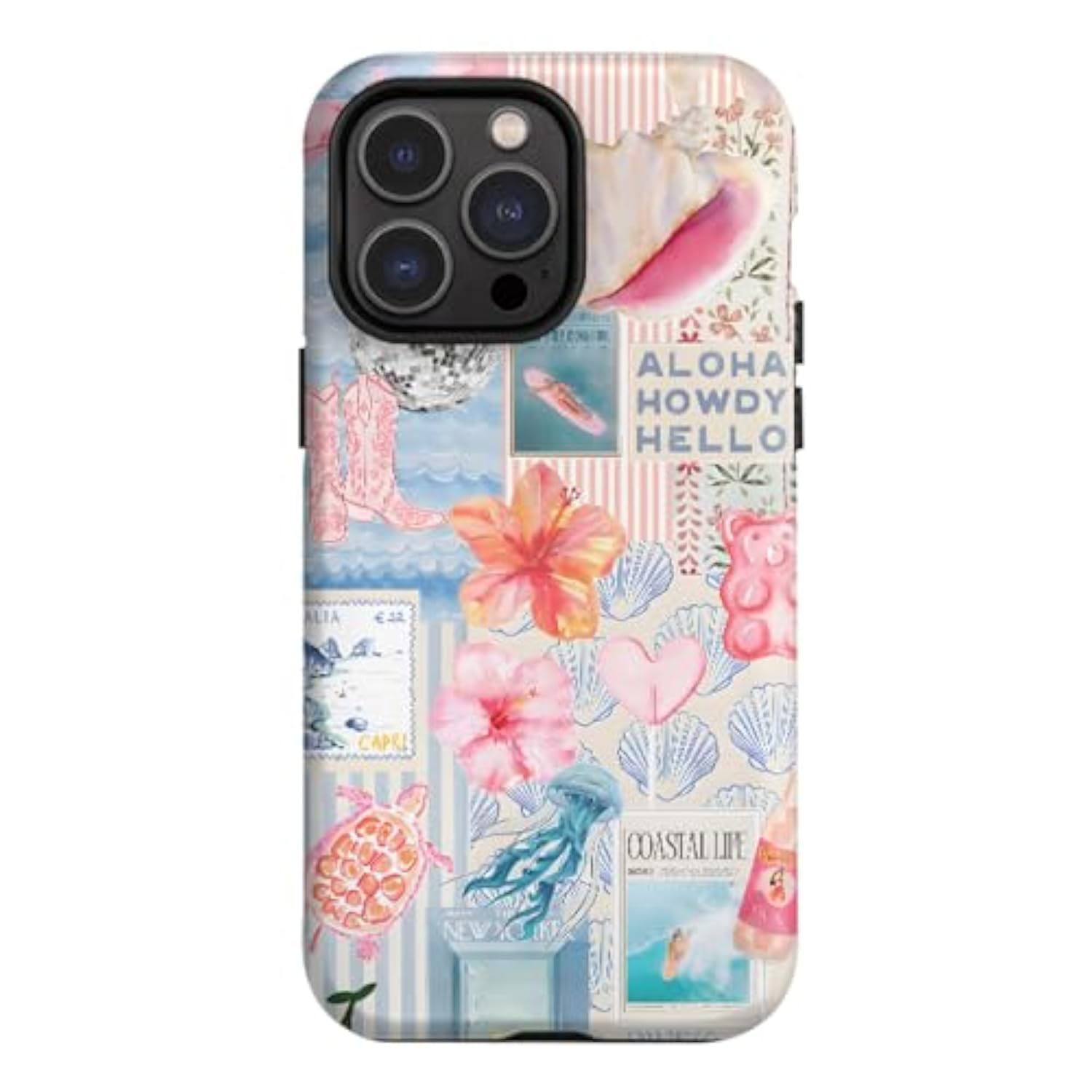 For Iphone 16 Pro Case, Summer Beach Ocean Vintage Seashell Flower Collage Design Cover, Cute Aesthetic Hybrid 2-Layer Hard Shell Shockproof Phone Case For Girls Women 6.3''