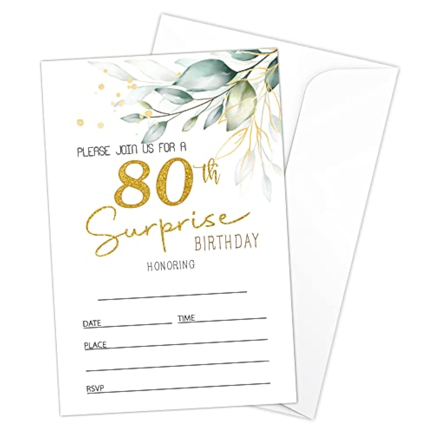 80Th Birthday Fill-In Invitations Cards With Envelopes (20 Count)?Greenery Surprise Birthday Party Supplies Decorations, Birthday Invites For Woman/Man - B12
