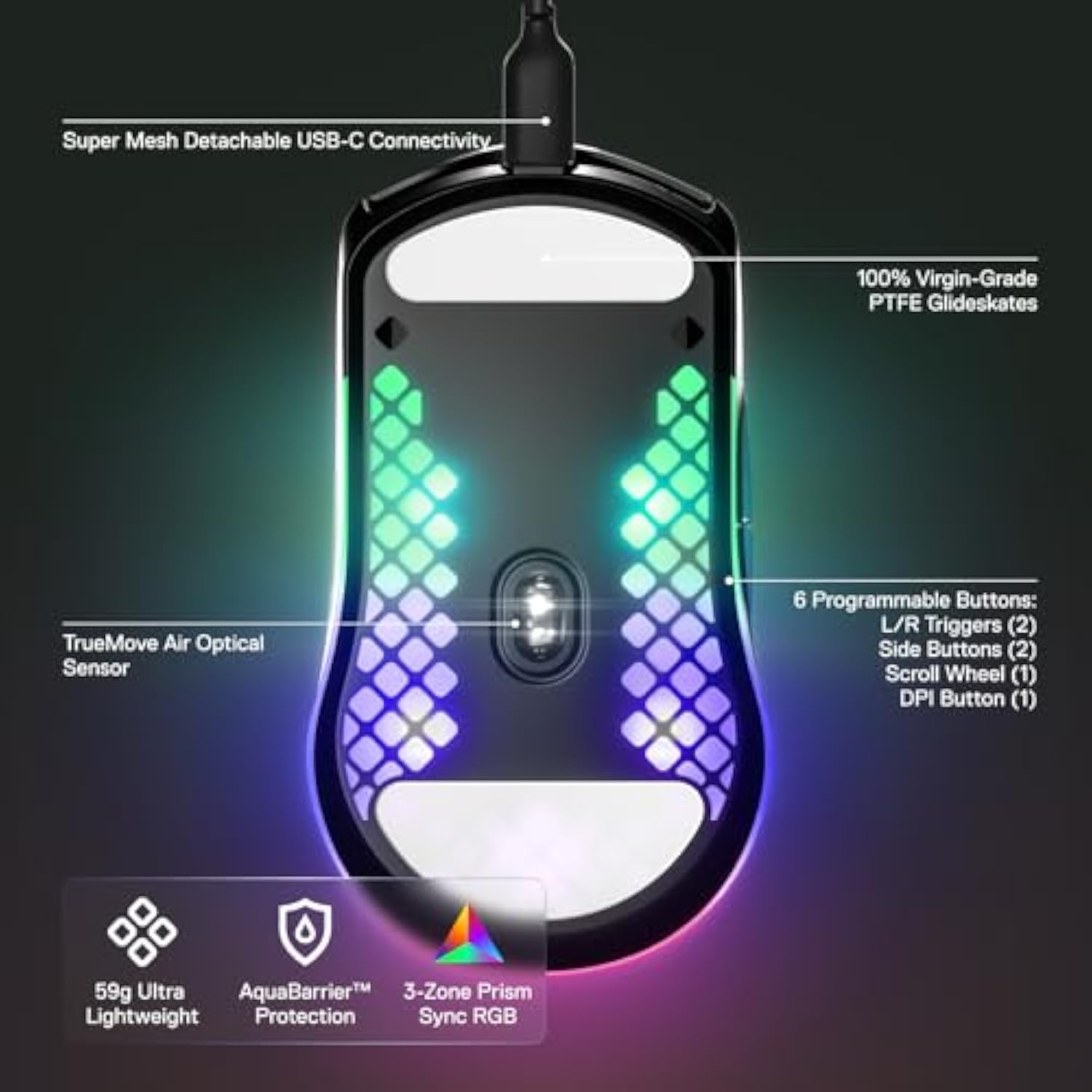 SteelSeries Aerox 3 - Holey RGB Gaming Mouse - Ultra-lightweight Water Resistant Design - 8,500 DPI TrueMove Core Optical Sensor - Onyx