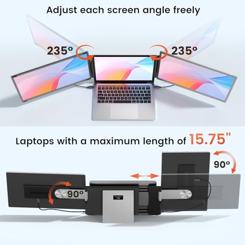 15.6" Laptop Screen Extender, 1080P Fhd Laptop Monitor Extender With 120% Srgb, 235°Rotation Detachable Dual Monitor, Plug & Play, Triple Screen Compatible With Windows, Mac, Chrome
