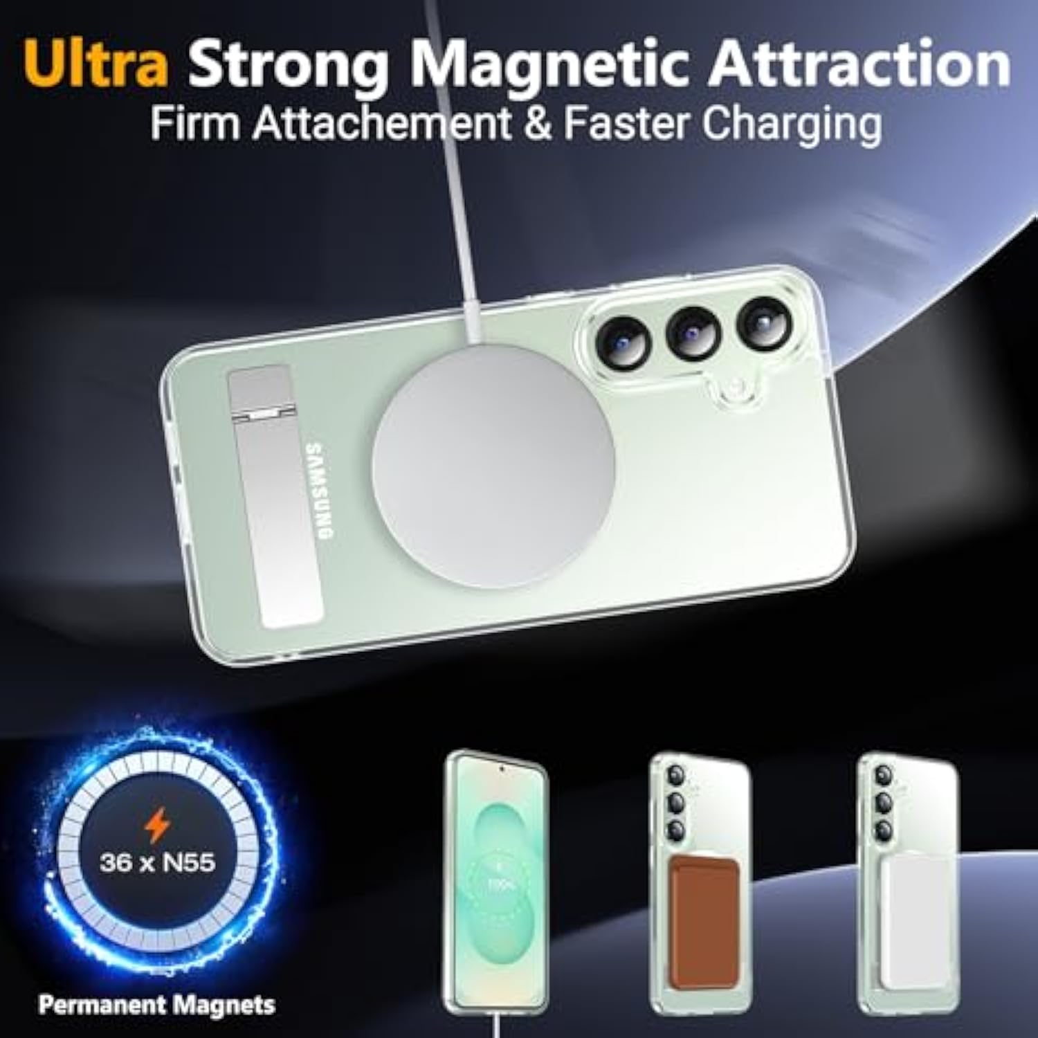 Magnetic Samsung Galaxy S25 Plus Case, 3 Stand Modes, Military Drop Protection, Clear