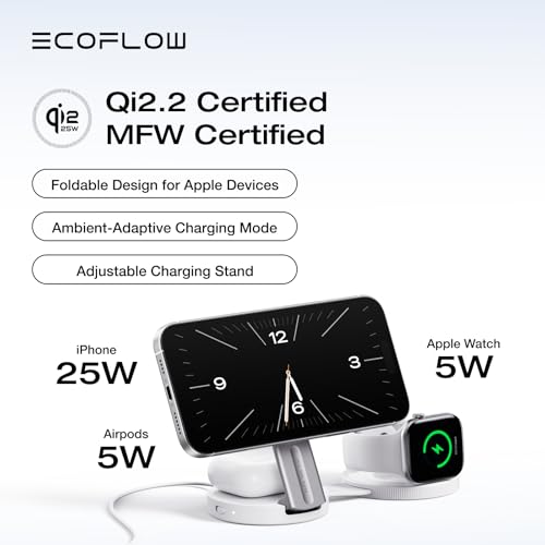 EF ECOFLOW Rapid Mag 3-in-1 Magnetic Wireless Charging Station, Qi2.2 25W Foldable MagSafe Charger Stand for iPhone 17/16/15,  Watch & AirPods,