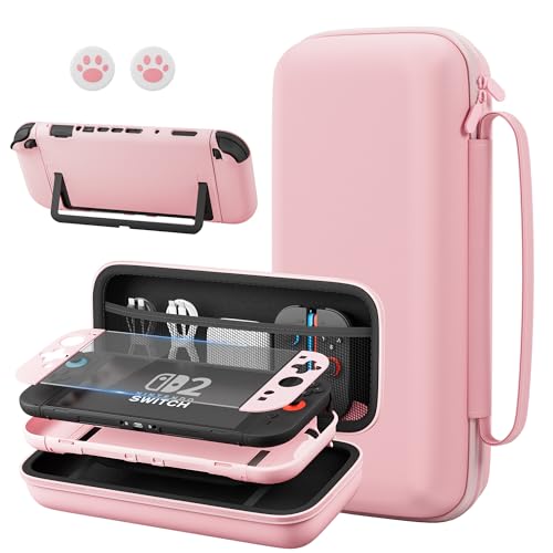 Pink Case Bundle for Nintendo Switch 2 (2025) Accessories, Portable Hard Carrying Cover with Protective Skin , Screen Protector, 2 Thumb Grips