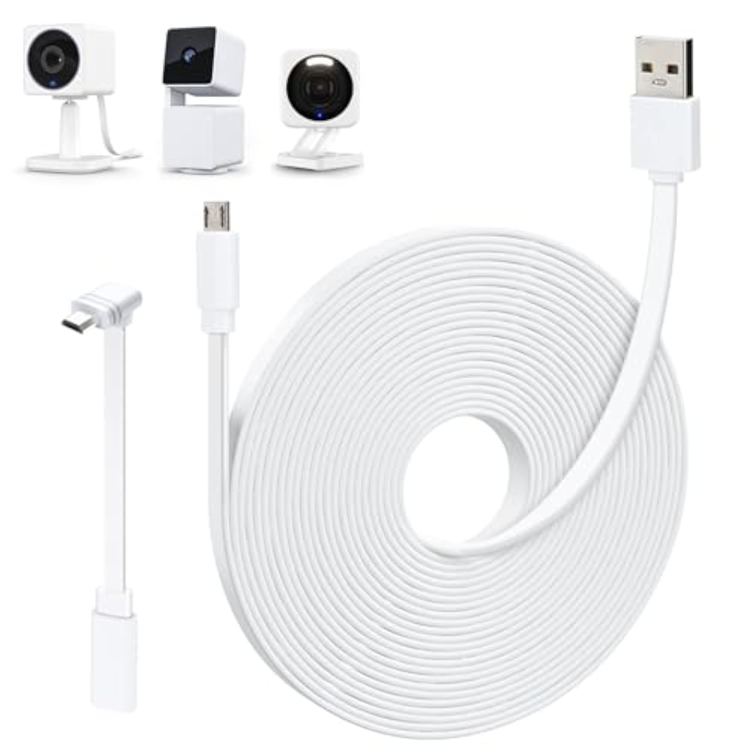 25Ft Power Extension Cable Compatible With Wyze Cam Og, Cam V4/V3/V3 Pro, Cam Pan V3/V2, L-Shape Micro Usb Extension Cable For Wyze Cam Pan, Weatherproof Flat Power Cord-White
