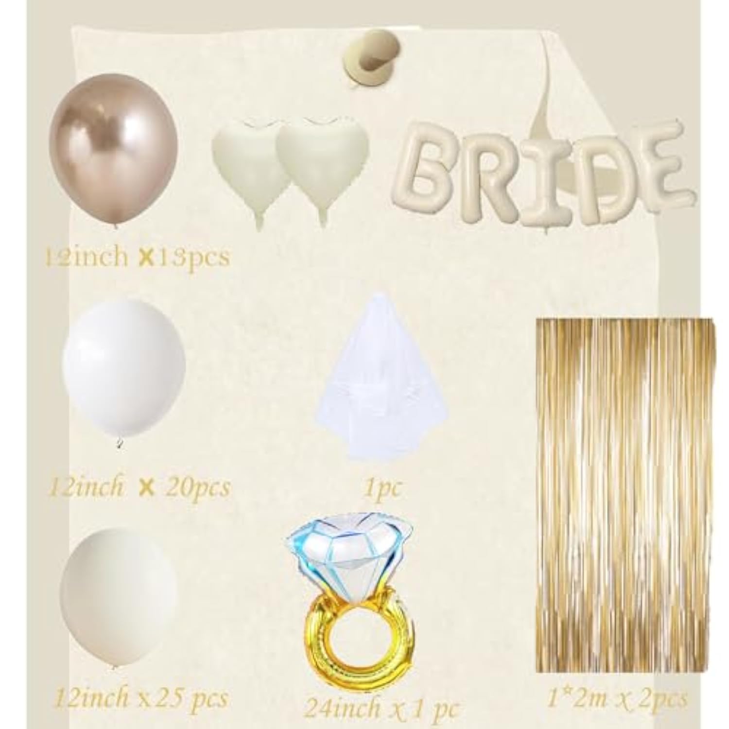 62pcs Beige Bridal Shower Kit with Balloons, Veil, Curtains & Wedding Decor