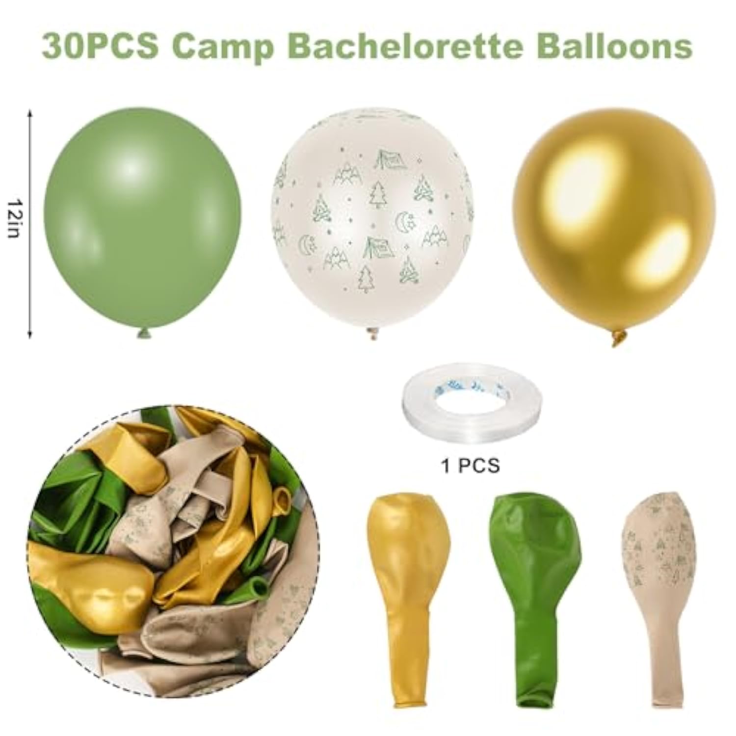 30pcs Camp Bachelorette Balloons – Sage Green & Gold 12" Party Décor