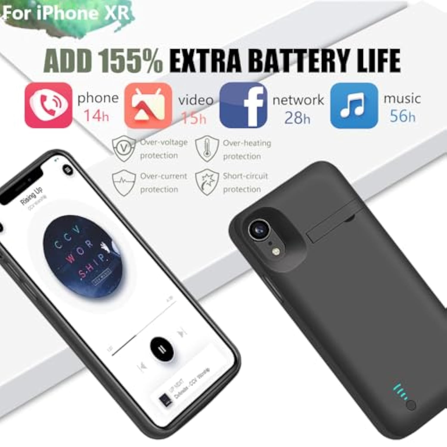 Battery Case For Iphone Xr, 6000Mah Rechargeable Extended Battery Charging Charger Case, Add 1.55X Extra Juice, Support Wired Headphones (6.1 Inches) Black