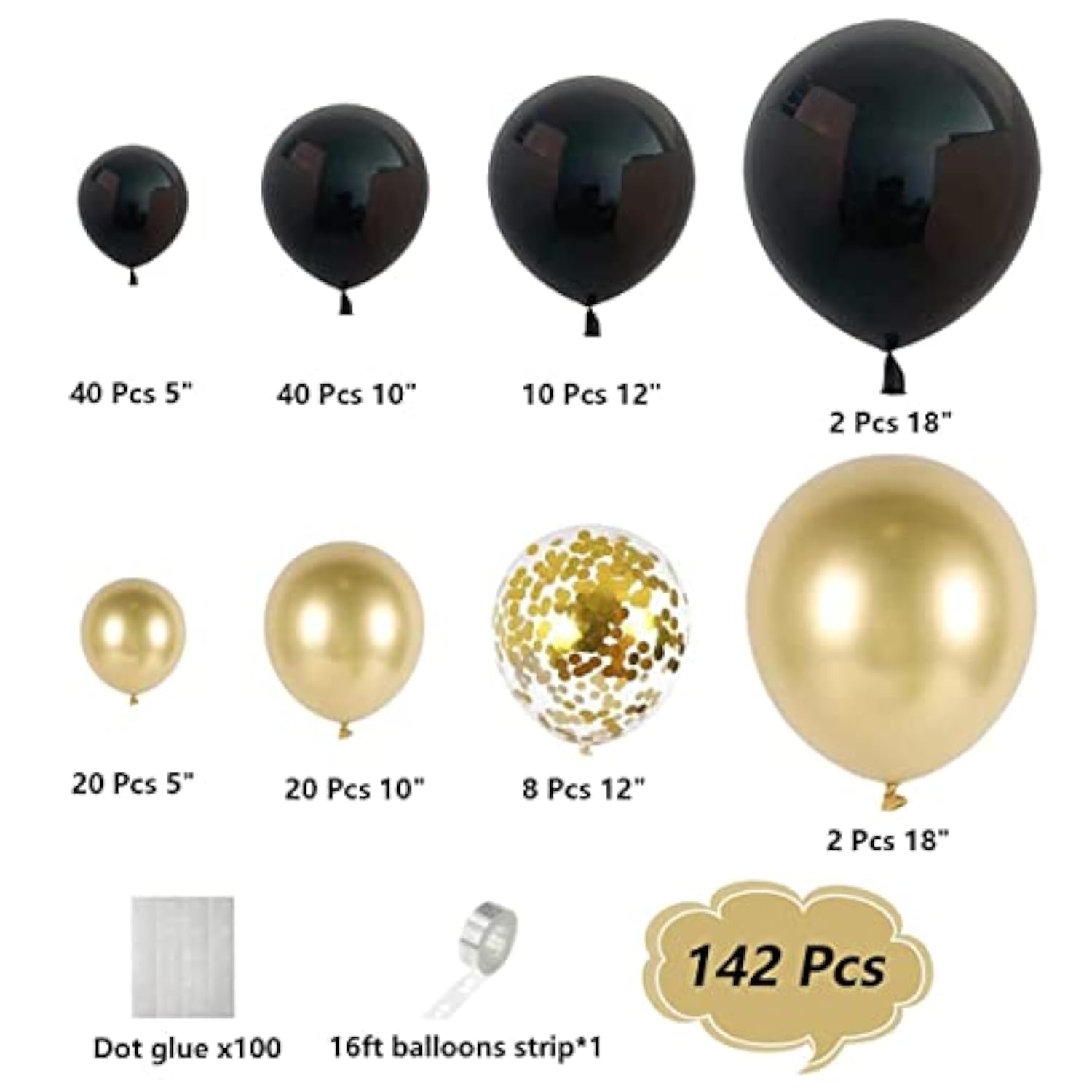 Black And Gold Balloon Garland Arch Kit, Total 142 Pcs 18" 12" 10" 5"