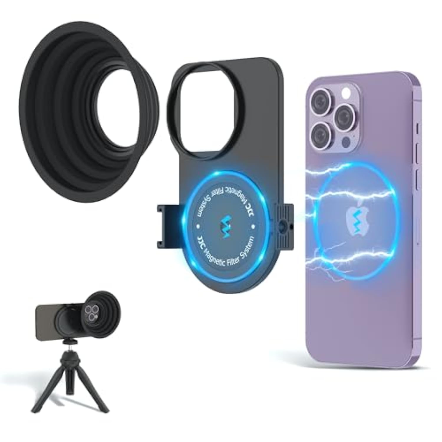 JJC 49mm Magnetic Lens Filter Mount Adapter for iPhone 13 Pro Max 14 Pro Max 15 Pro Max with MagSafe Case, Magnetic Filter Base with Cold Shoe Mounts & Silicone Lens Hood (Filters Not Included)
