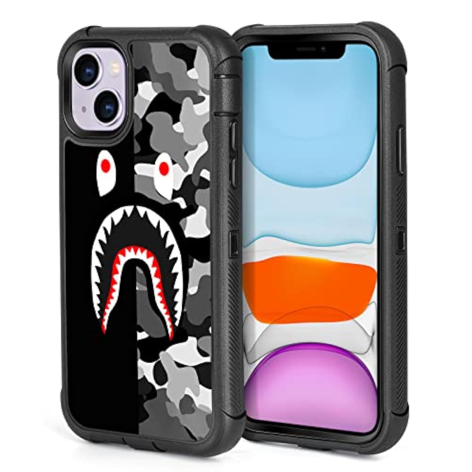 Compatible With Iphone 13 Case Iphone 14 Case Cool Camo Black White Shark Street Fashion Design For Boys, 3-Layer Rugged Shockproof Hard Plastic Bumper Silicone Rubber Heavy Duty Protection Cover