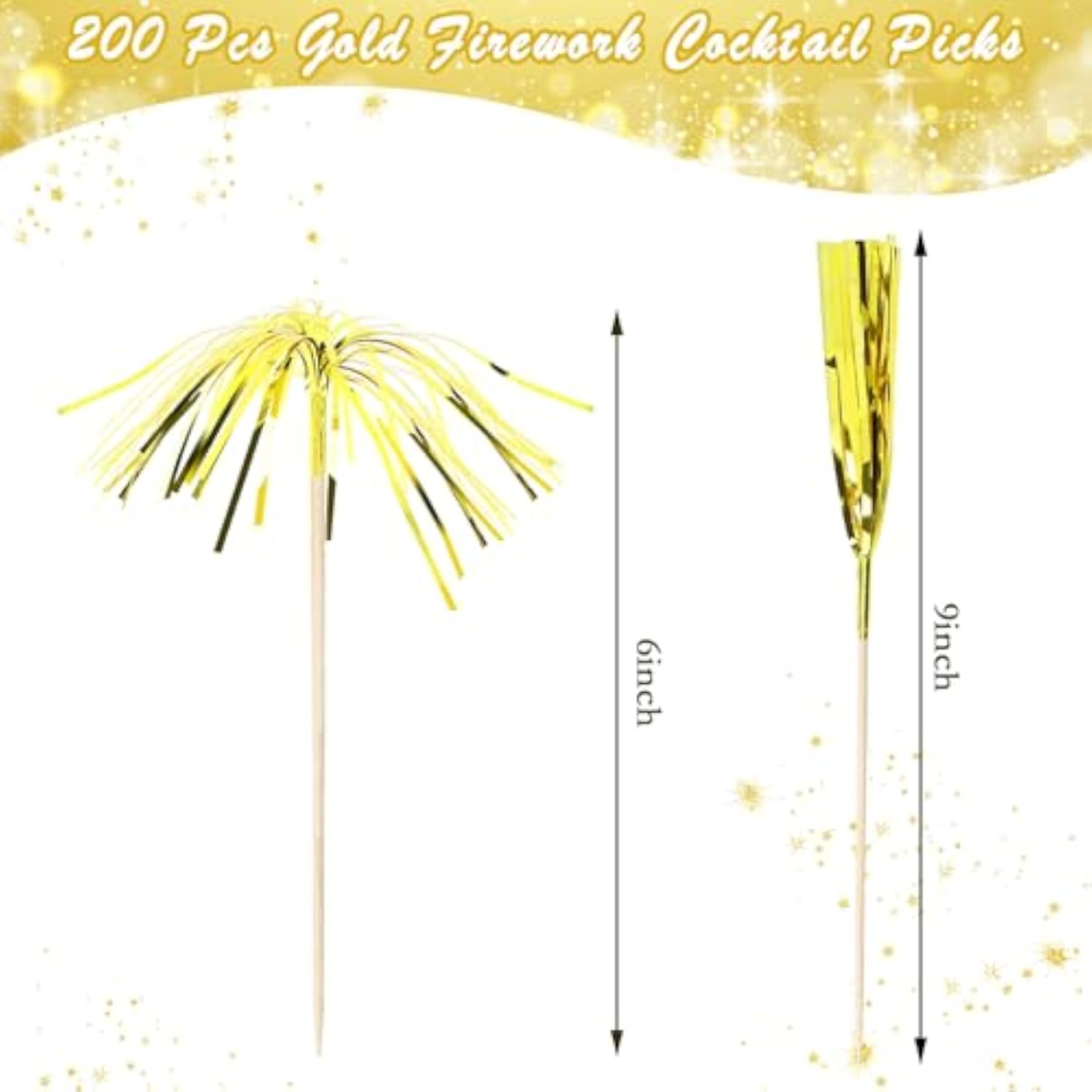 200 Gold Cupcake Toppers Firework Picks for New Year Party Table Decorations