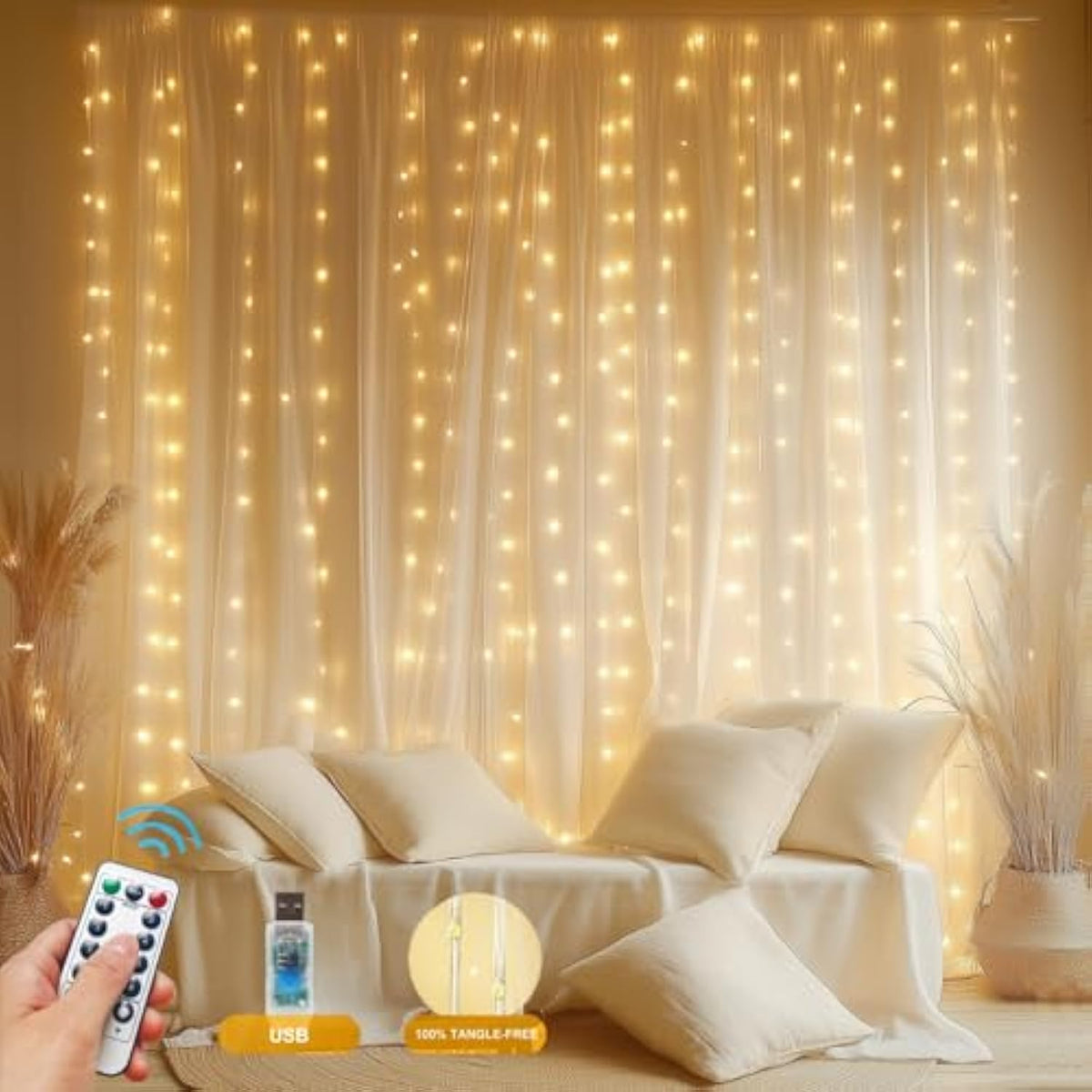 Fairy Curtain Lights Upgraded Tangle-Free Warm White Usb Plug In 8 Modes String Hanging Lights With Remote For Christmas