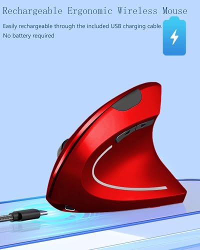 Ergonomic Mouse, Vertical Wireless Mouse 2.4G Rechargeable Optical Vertical Mouse High Precision Optical Mouse Adjustable800/1200/1600 Dpi 6 Buttons, For Laptop Etc, Red,Specially For Right-Handers