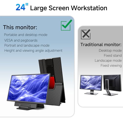 Large Portable Monitor 24 Inch - 1080P Fhd 100Hz Travel Monitor, 125% Srgb Ips Laptop Screen Extender, Vesa Compatible, Height Adjustable Detachable Stand With Usb-C Hdmi For Work Gaming Office Home