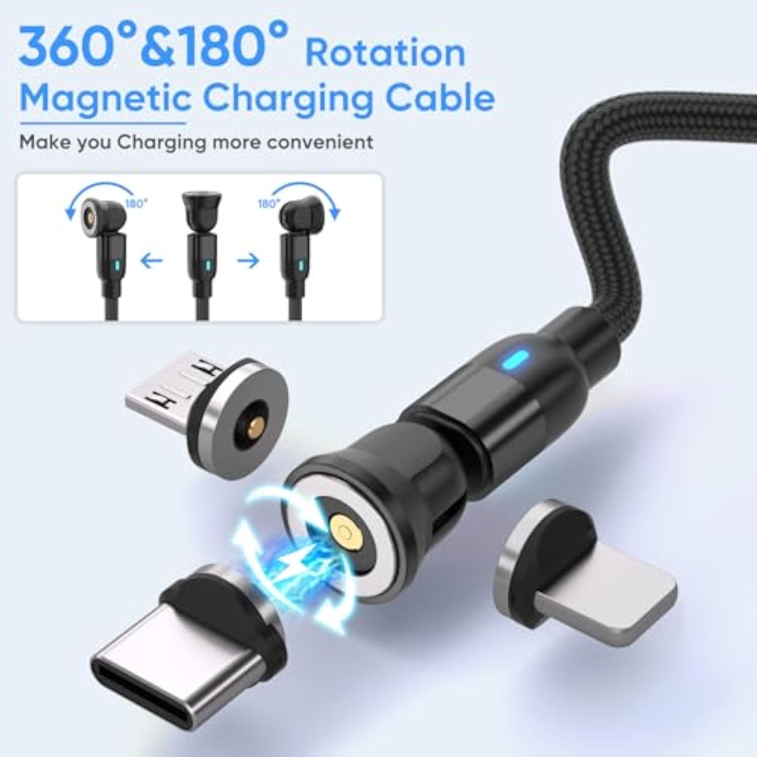 540 Rotating Magnetic Charging Cable [7-Pack, 1.6Ft/3Ft/3Ft/6Ft/6Ft/10Ft/10Ft] 3 In 1 Nylon Braided Magnetic Usb Cable For Iproduct/Micro Usb/Type C Device