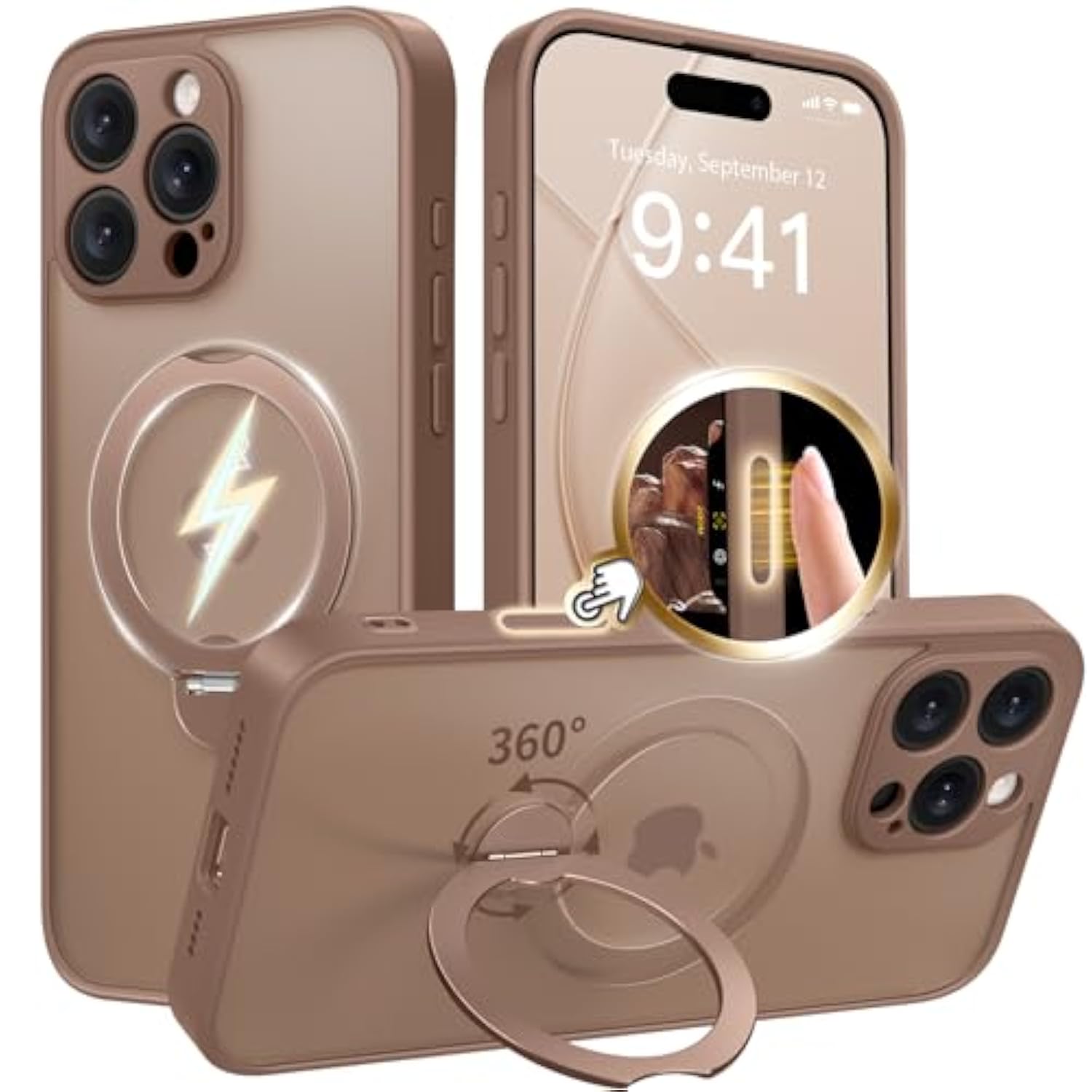 360° Spin Magnetic Stand For Iphone 16 Pro Max Case, [Compatible With Magsafe] [Full Camera Protection] [16Ft Military Drop Protection], Silm Translucent Matte Phone Case, Brown