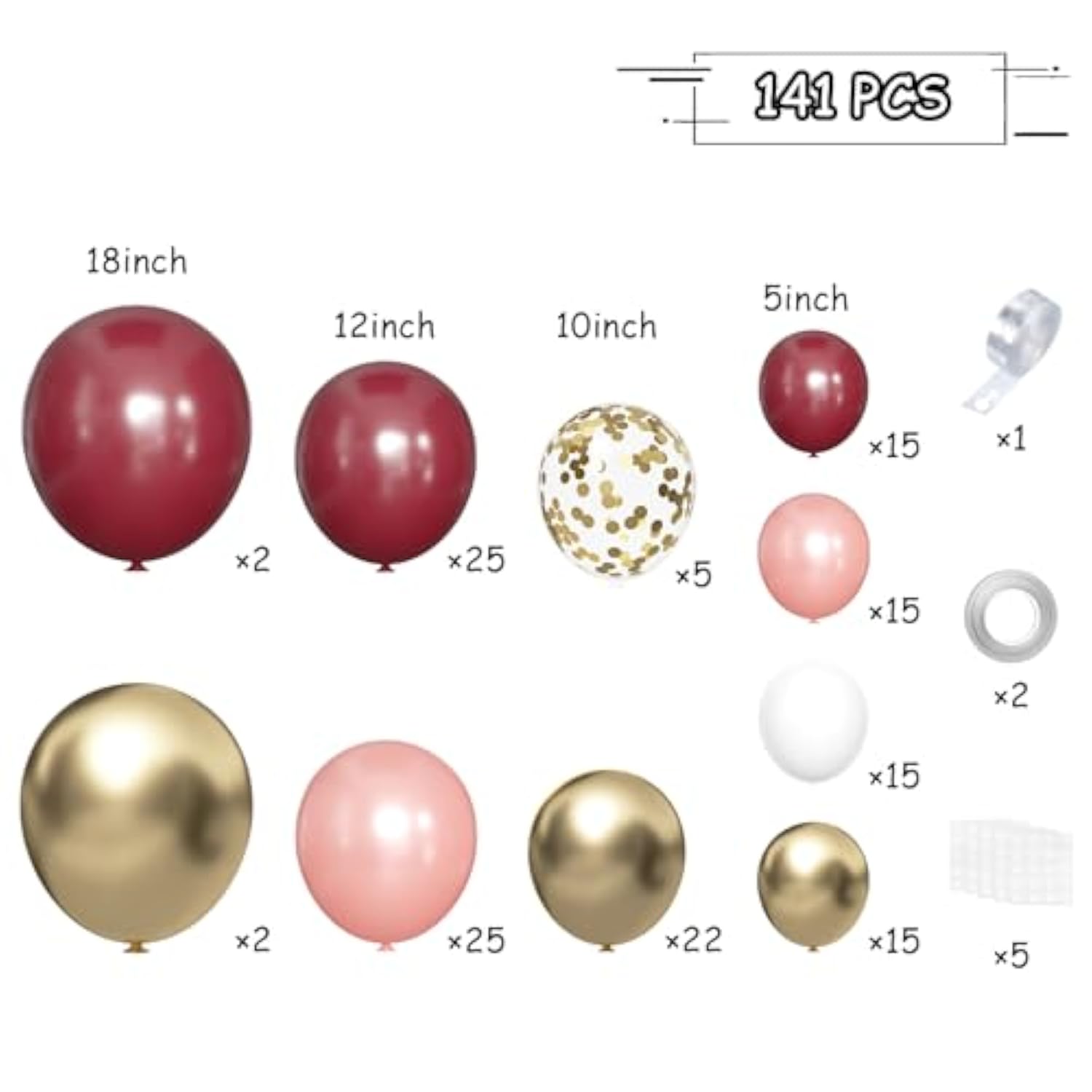 141pcs Burgundy Balloon Arch Kit with Maroon, Gold, Rose Gold, and White Balloons