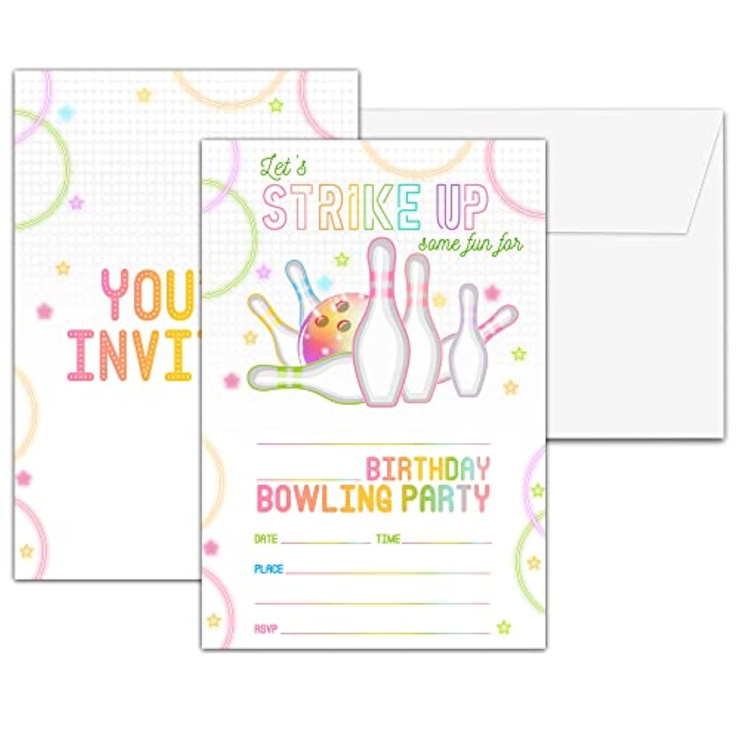 Bowling Birthday Party Invitations, Strike Up Birthday Invitation, Double-Sided Neon Glow Themed Fill In Invites, Kids Glow Bowling Birthday Party Decorations, 20 Cards With 20 Envelopes(C07)