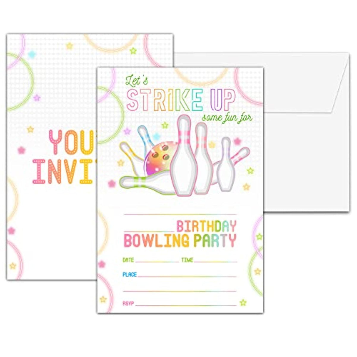 Bowling Birthday Party Invitations, Strike Up Birthday Invitation, Double-Sided Neon Glow Themed Fill In Invites, Kids Glow Bowling Birthday Party Decorations, 20 Cards With 20 Envelopes(C07)