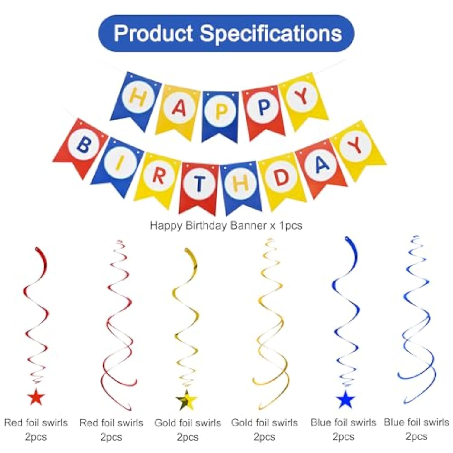 Happy Birthday Banner With 12Pcs Stars Hanging Swirls Garland Party Decorations Sets For Kids Girls Birthday Party Supplies
