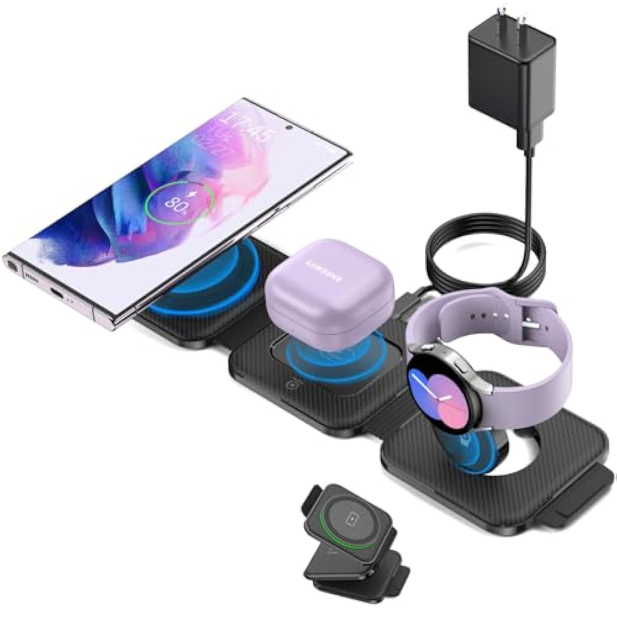 Pocket Wireless Charger For Samsung Android Phone, Foldable Travel Wireless Charging Station/Stand Compatible For Samsung S25 Ultra/S24/Z Flip 6/5, Watch Charger For Samsung Watch 7/Buds Pro3/2(Balck)