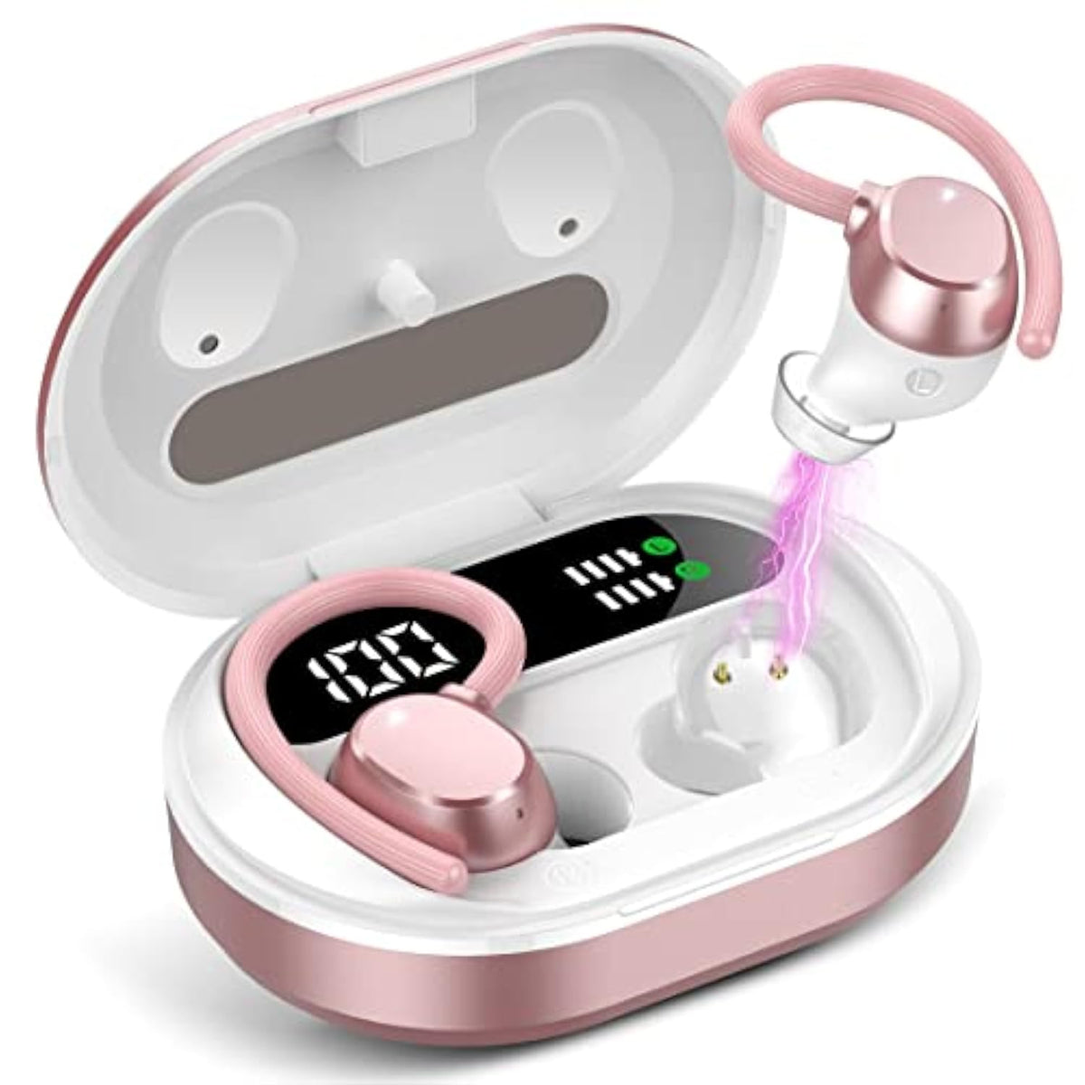 Ear Buds Wireless Earbuds, Hifi Stereo Bluetooth 5.3 Running Headphones With Dual Led Display 30Hrs Playtime, Builtin Mic, Typec, Inear Bluetooth Earphones With Earhooks For Sport, Rose Gold