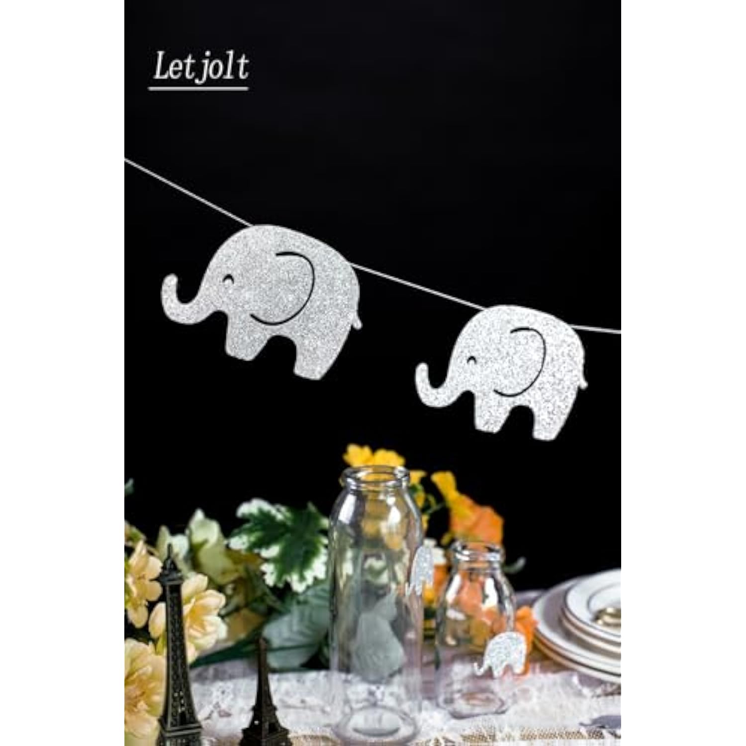Baby Shower Garland Decorations Elephant Banner Glitter Silvery Supplies Pre - Strung Baby Elephant Decorations Birthday Party Supplies Baby Nursery Decorations 10 Feet 17 Pcs