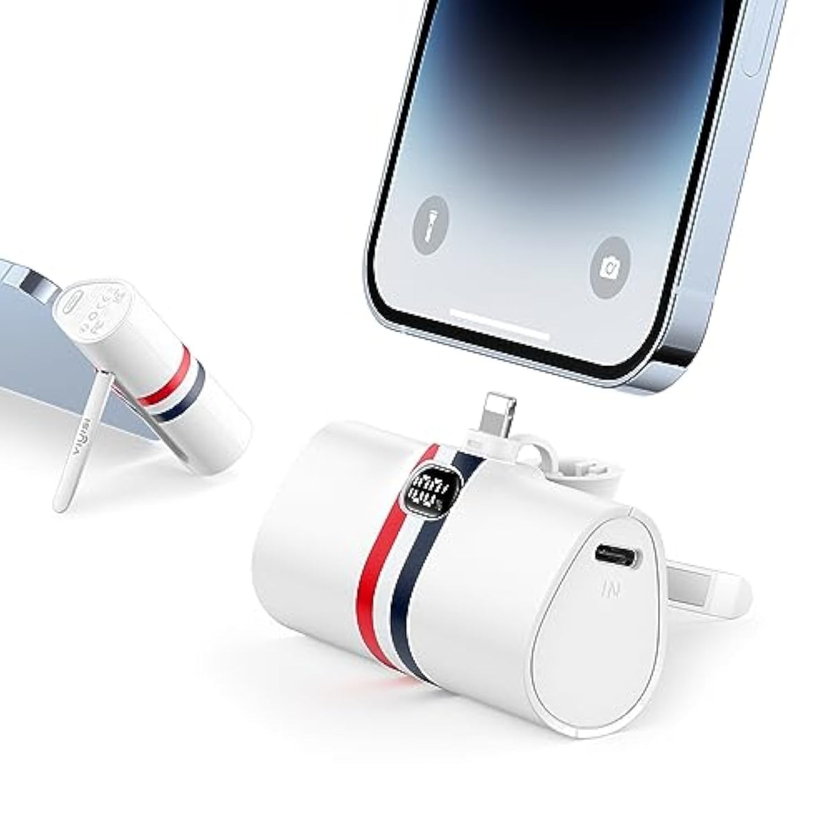 Mini Portable Charger For Iphone | 5000Mah 20W Pd Fast Charging Battery Pack With Stand | Cute Led Display Small Power Bank For Iphone 14, 13, 12, 11, 8, 7, Pro Max, Xr, Xs, Airpods -White