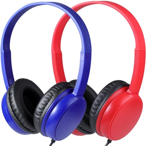 Kids Headphones Bulk 2 Pack for Classroom School, 3.5mm Pulg, Lightweight, Sturdy Wired Headsets for Students and Adults (Red & Blue)