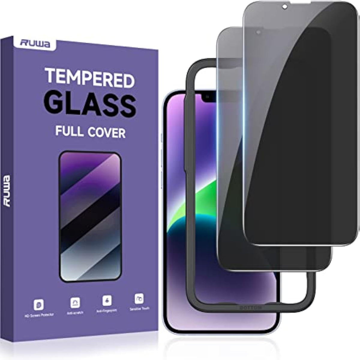 Privacy Screen Protector For Iphone 13/13 Pro/14 [2-Pack][6.1 Inch] Display Tempered Glass Film With Easy Installation Frame, Ultra Hd, 9H Hardness, Scratch Resistant, Case Friendly