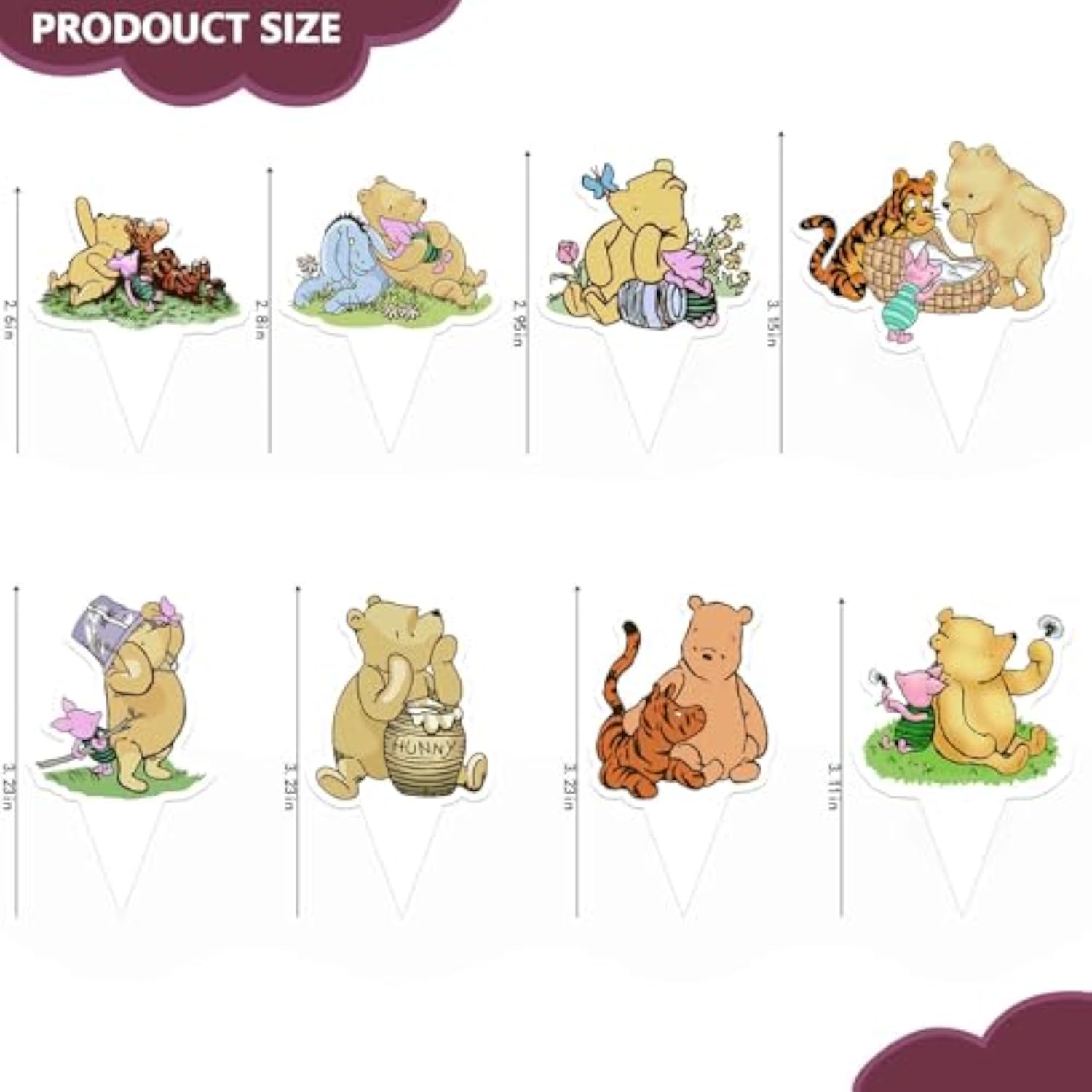 48Pcs Winnie Bear Cupcake Toppers, Classic Bear Themed Decorations For Baby Shower/Birthday 8 Designs