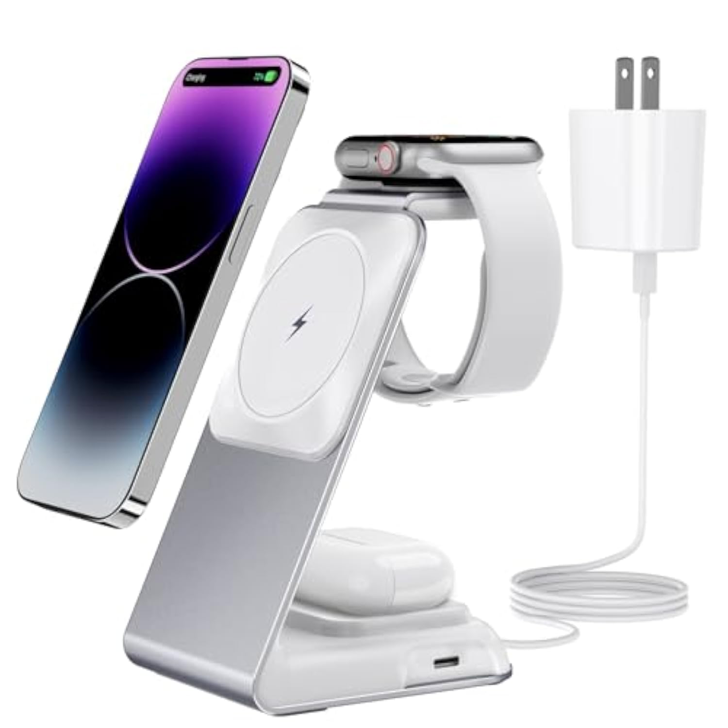 4 In 1 Wireless Charging Station For Apple Devices Magsafe Wireless Charger Stand For Iphone Series, Fast Charging Station For Apple Watch And Airpods, 30W Pd Adapter Included