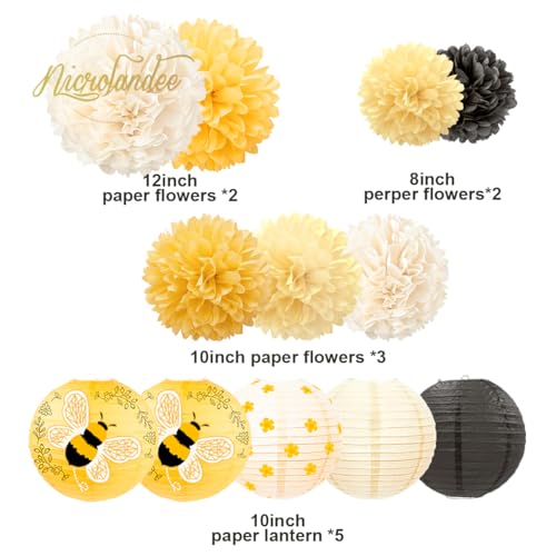 Bee Party Decorations 12PCS Yellow Paper Lantern Tissue Pom Pom