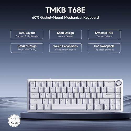 Tmkb T68E 60% Wired Gaming Mechanical Keyboard, Rgb Backlit Hot-Swappable Gasket Mount, Creamy Keyboard With Pre-Lubed Blueberry Switch, White
