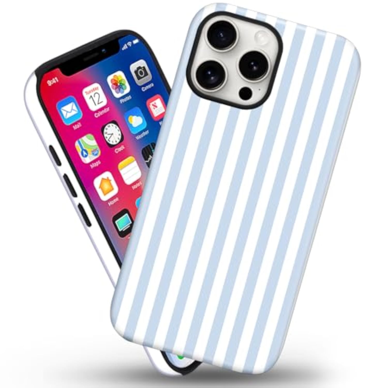 Magnetic Phone Case for iPhone 15 with Cute Stripes Design, Blue and White