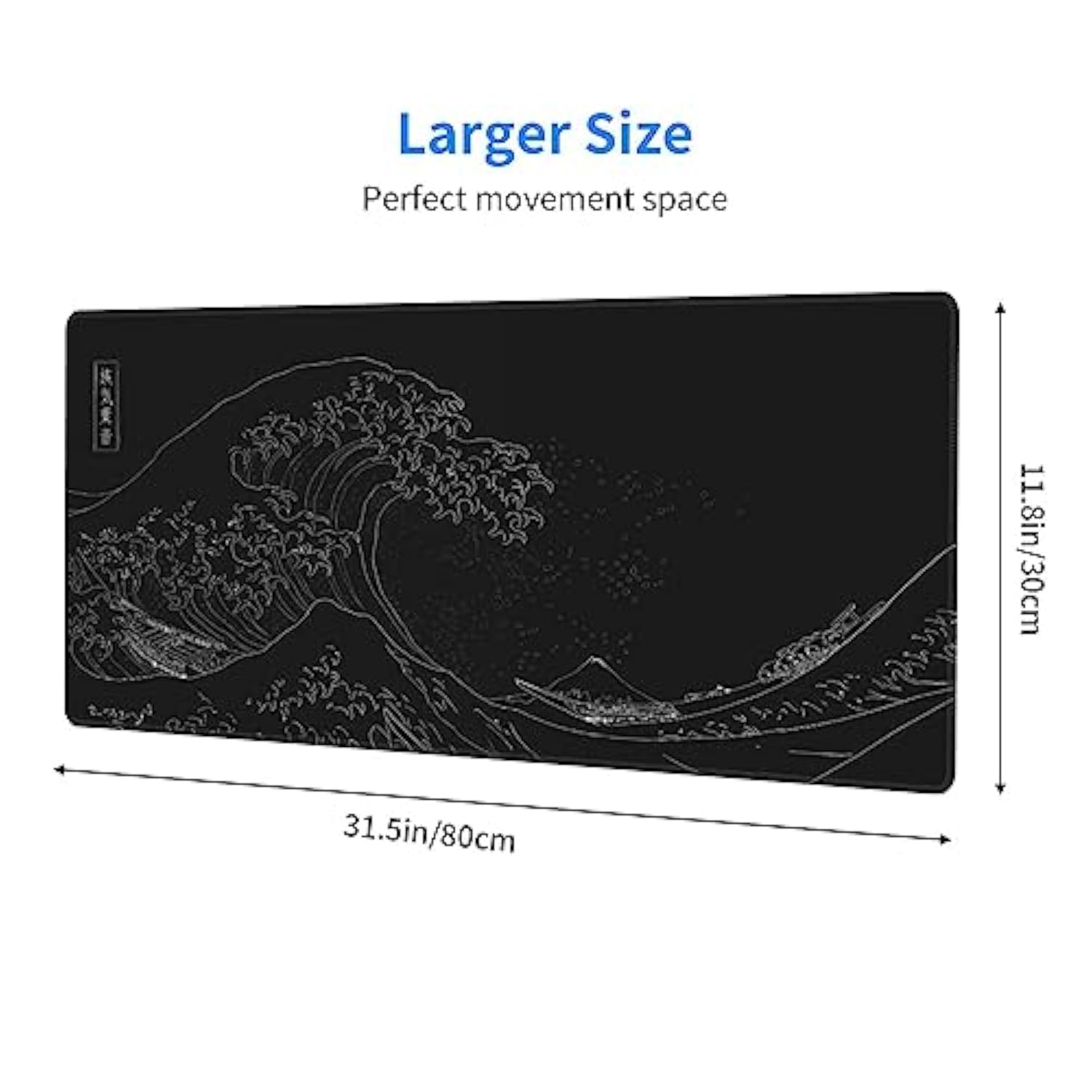 Japanese Gaming Mouse Pad Black Mouse Pad Kanagawa Large Mousepad Nonslip Rubber Base Waterproof With Stitched Edges For Gaming Office Home, 31.5X11.8 Inch (Black Wave)