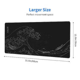 Japanese Gaming Mouse Pad Black Mouse Pad Kanagawa Large Mousepad Nonslip Rubber Base Waterproof With Stitched Edges For Gaming Office Home, 31.5X11.8 Inch (Black Wave)
