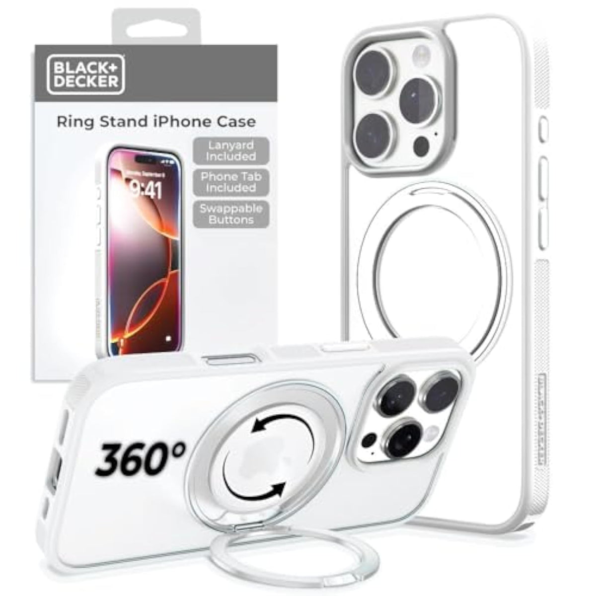 360°Spin Magnetic Stand For Iphone 16 Pro Max Case, Compatible With Magsafe Protective Stylish For Iphone16 Promax Case, Ostand Kickstand Rotatable, Lanyard, Extra Buttons, White