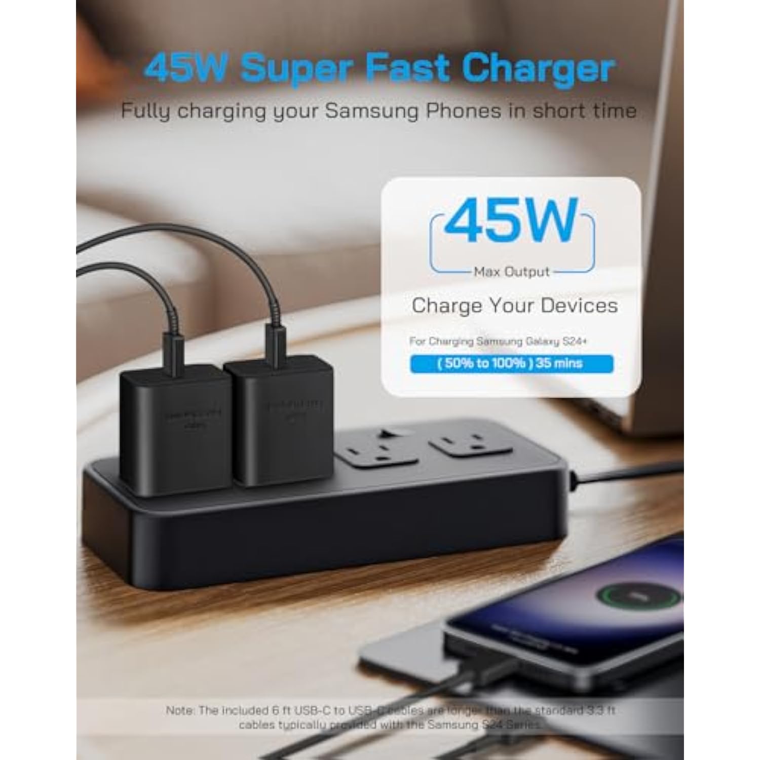 2 Pack 45 Watt Usbc Charger Block For 45W Samsung Charger Type C Fast Charging With 6 Ft Type C To C Cable Compatible With Galaxy S24 Ultra/S24+/S24/ S23 Ultra/S23/S23+/S22 Ultra/S22+/S21