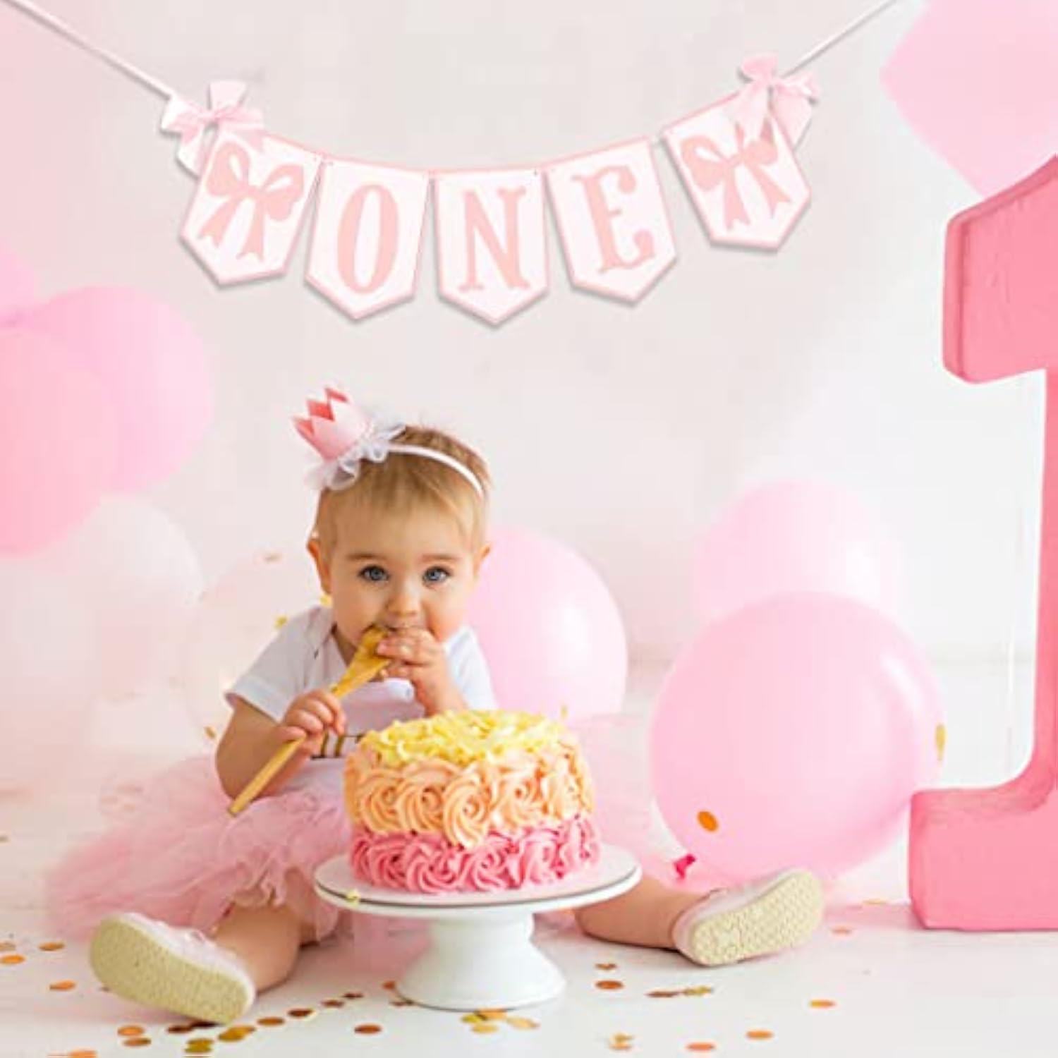 Pink Highchair Banner "ONE" with Bows: Girl's 1st Birthday Decor